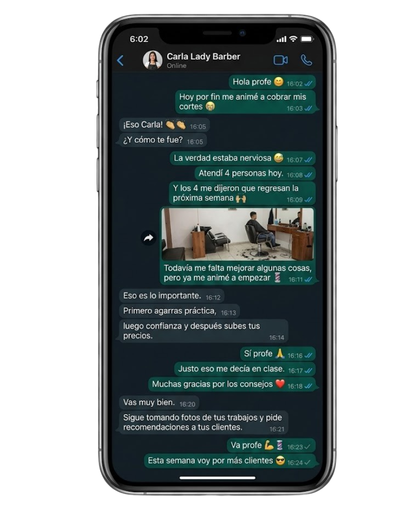WhatsApp de Carla — alumna cobrando sus primeros cortes
